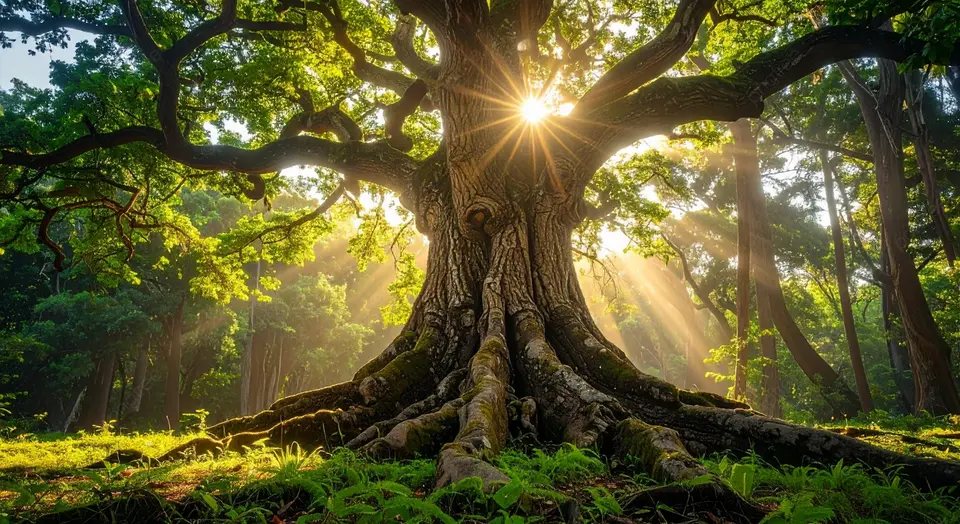 Majestic tree with sunlight filtering through its branches